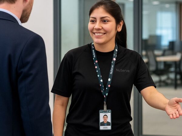 NuServe employee welcoming a customer